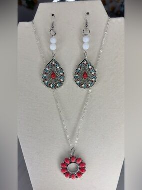 Stainless 304 silver plated Floral Red Pendant Necklace & Teardrop Earrings Set